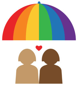 graphic shows two people under a rainbow umbrella